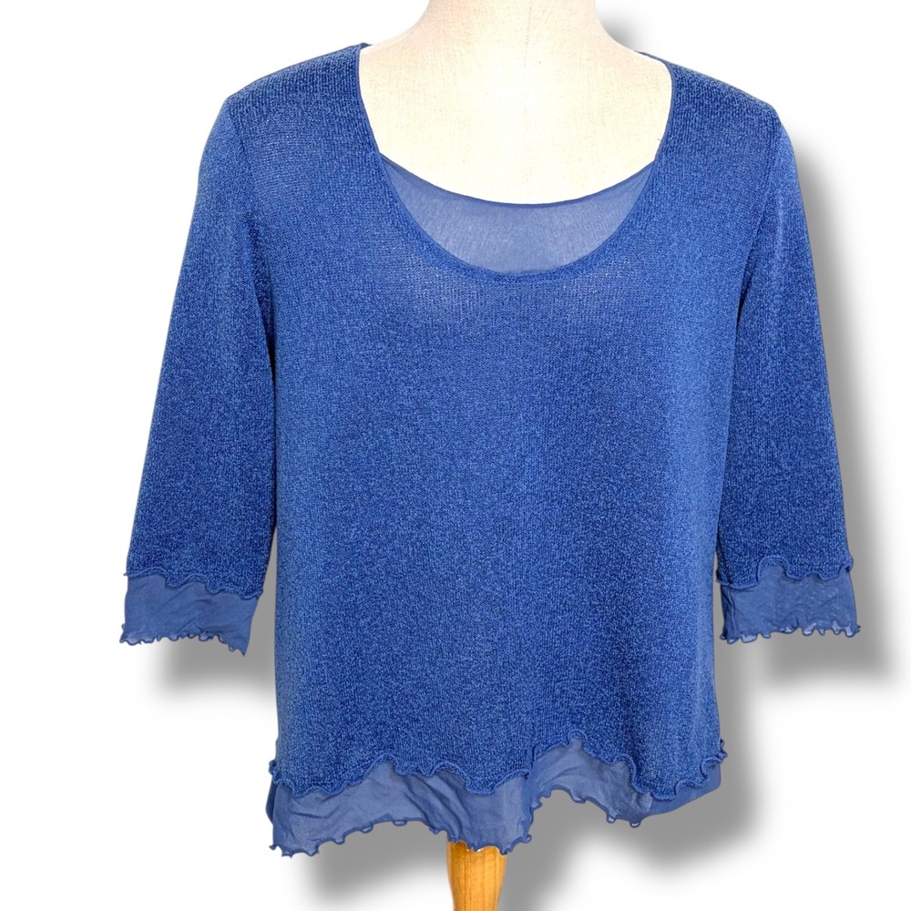 Y2K Vtg‎ Avenue Knit Top 18/20 Blue Layered Look 3/4 Sleeve Lettuce Edge